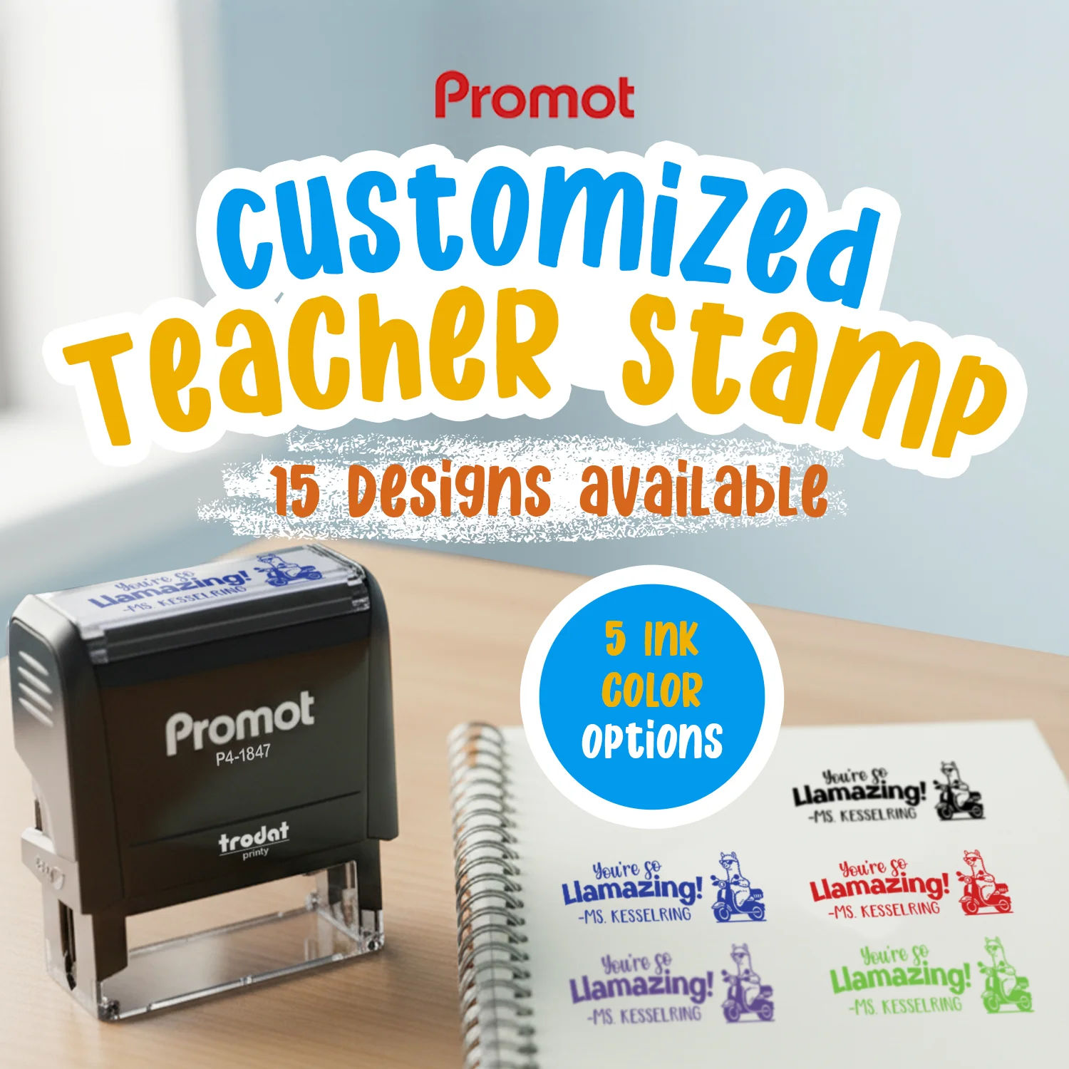 Teacher Custom Rubber Stamp "You're so Llamazing" - Medium with multiple designs and ink color options.